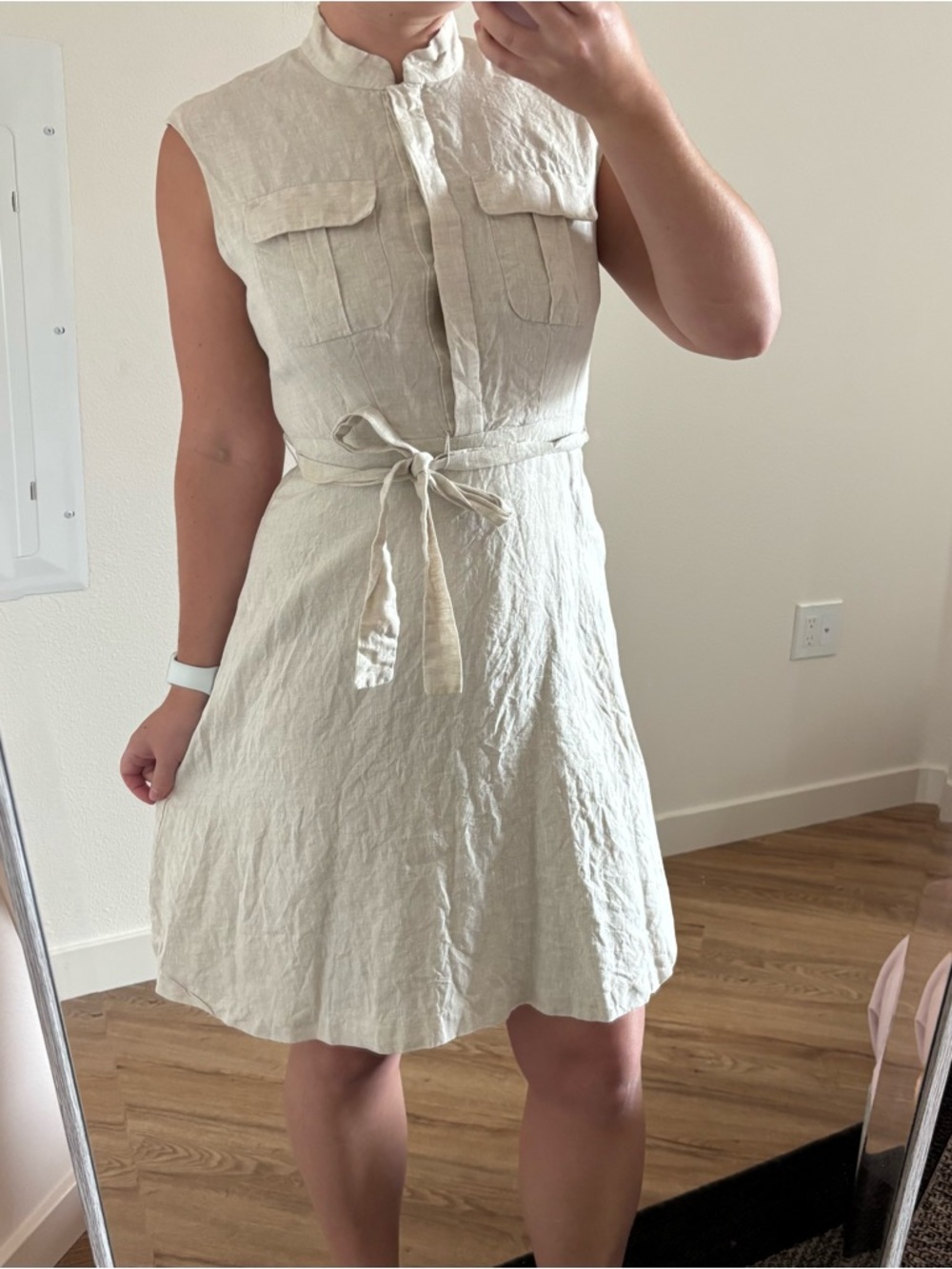 Calvin Klein Cream / beige Sleeveless Tie-Waist Linen short Dress size 6P petite